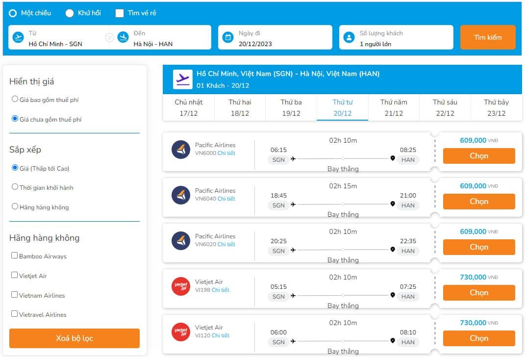 bảng giá vé máy bay đi Hà Nội 2023