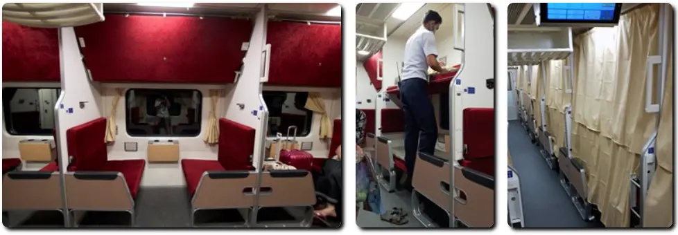 Bays of 2 seats each side of aisle. Seats pull together to form lower berth, upper berth folds from wall.