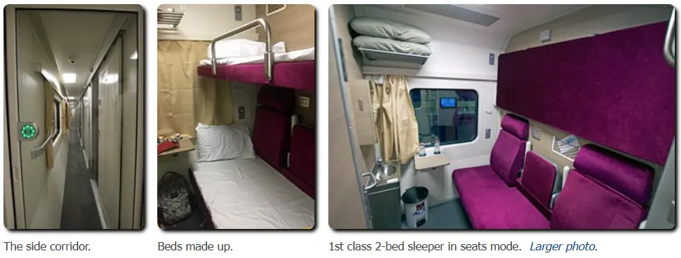 The side corridor. Beds made up. 1st class 2-bed sleeper in seats mode.